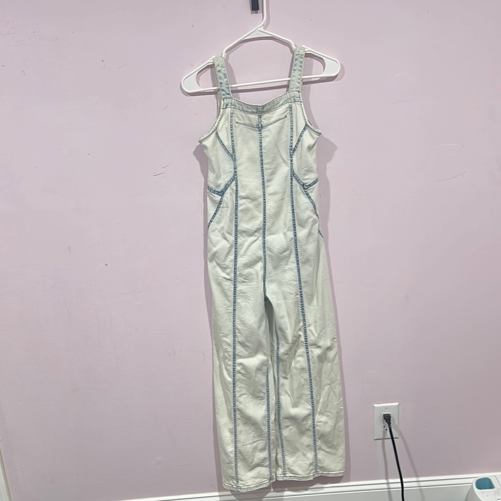 White Denim Overalls with Blue Stitching